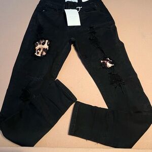 KanCan Black Distressed Skinny Jeans with Leopard Accents